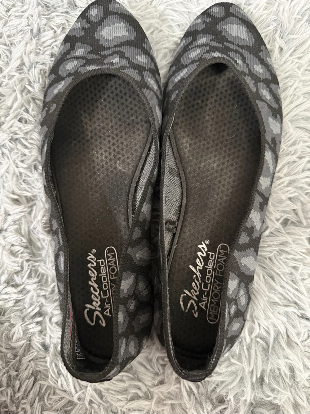 Skechers Black and Gray Leopard Knit Slip-On Flats